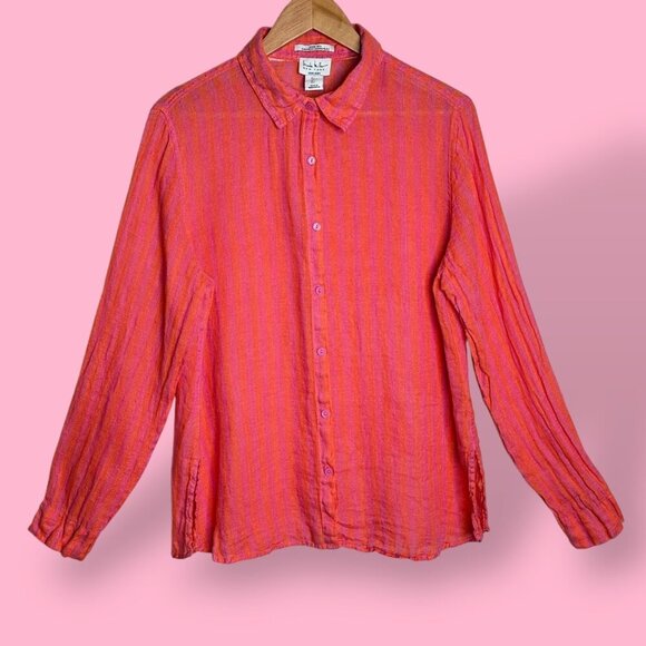 Nicole Miller Shirt Button Front Long Sleeve Linen Orange Pink Stripe Size Large - Picture 1 of 7
